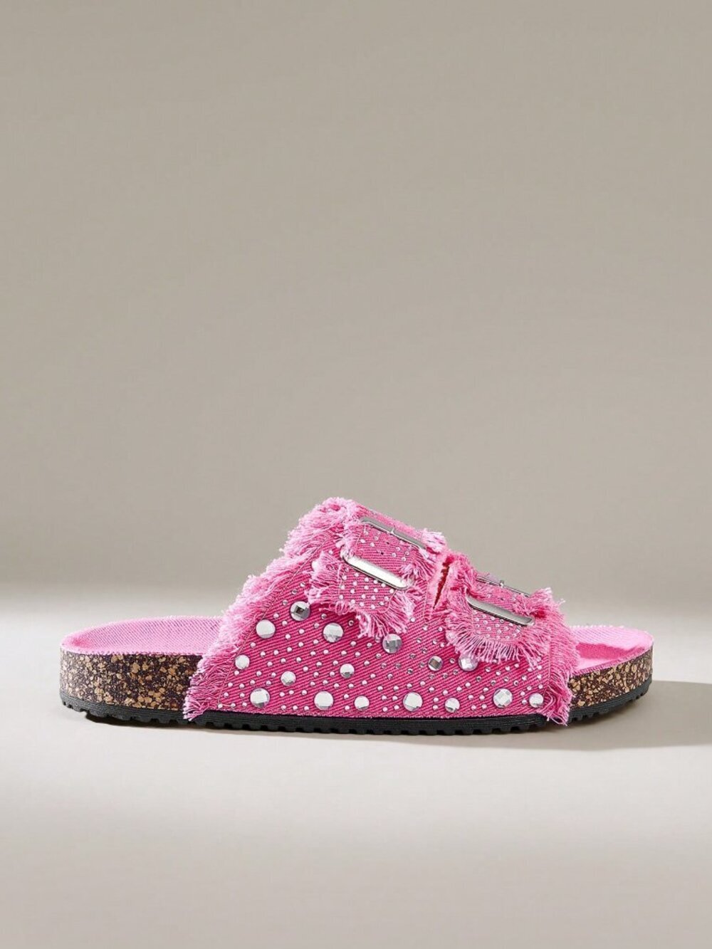 Hot Pink Casual Women's Round Toe Fringed Rhinestone Double Buckle Flat Shoes